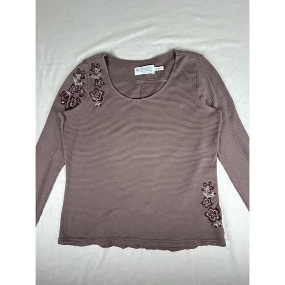 Aventura Organic Cotton embroidered mocha brown pullover waffle knit top Sz M - Picture 2 of 7